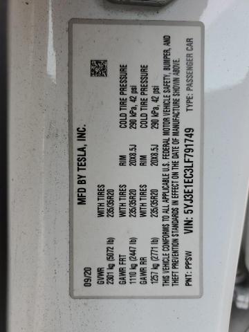 5YJ3E1EC3LF791749 - 2020 TESLA MODEL 3 Білий фото 12