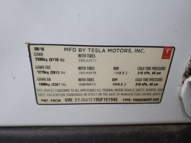 5YJSA1E19GF151945 - 2016 TESLA MODEL S WHITE photo 12