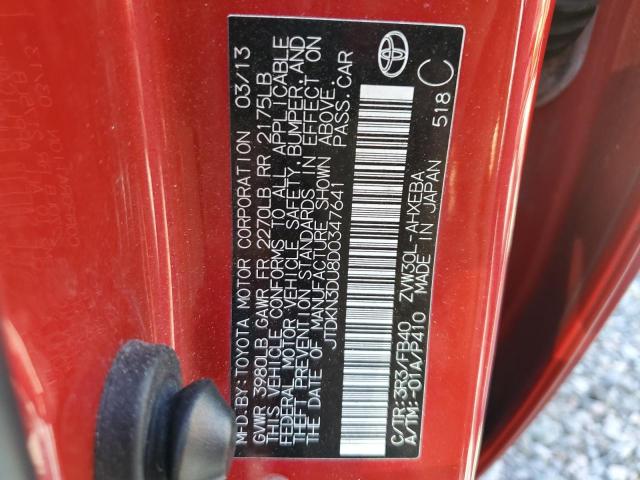 JTDKN3DU8D0347641 - 2013 TOYOTA PRIUS RED photo 12