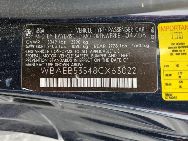 WBAEB53548CX63022 - 2008 BMW 650 I BLUE photo 12