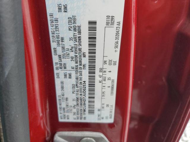 1FMCU9HD7JUD02534 - 2018 FORD ESCAPE SEL 红色 照片 13