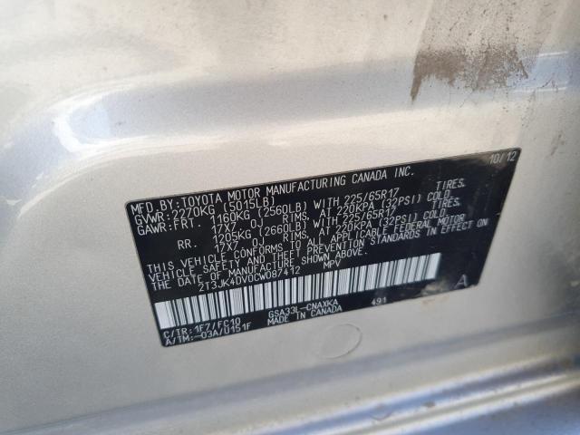 2T3JK4DV0CW087412 - 2012 TOYOTA RAV4 SILVER photo 13