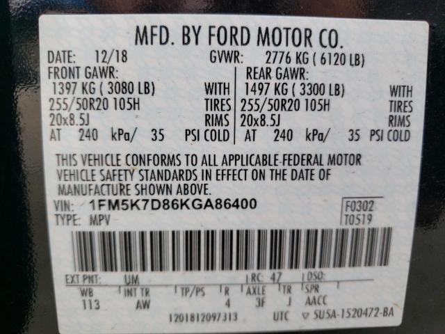 1FM5K7D86KGA86400 - 2019 FORD EXPLORER XLT أسود صورة 14