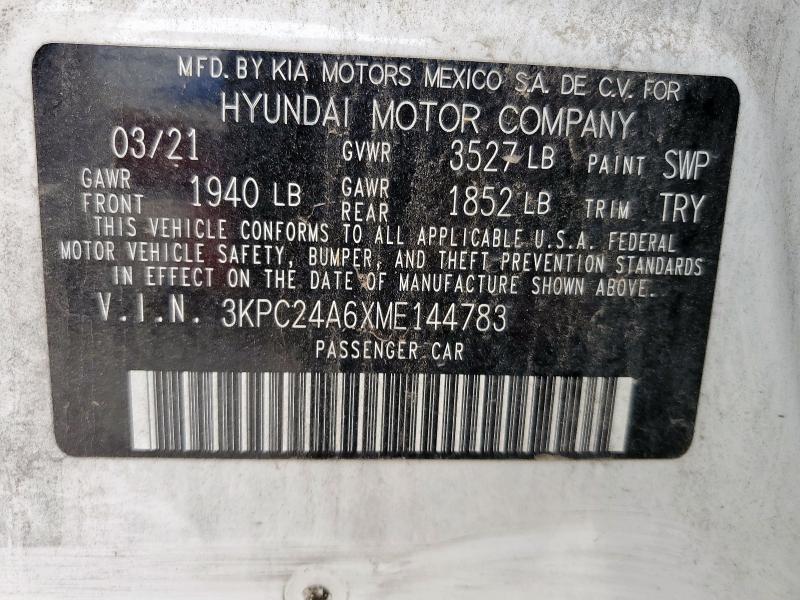 3KPC24A6XME144783 - 2021 HYUNDAI ACCENT SE 白色 照片 12