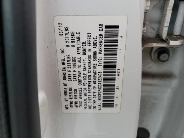 1HGCP2F6XCA122476 - 2012 HONDA ACCORD SE WHITE photo 12