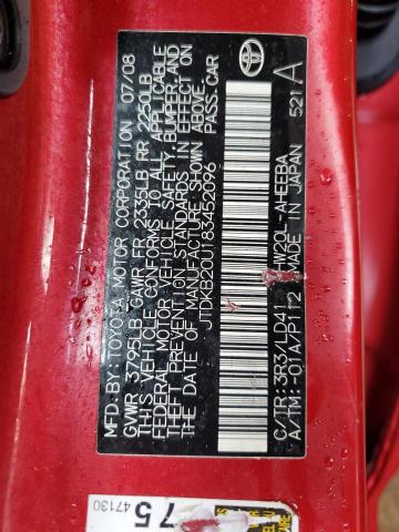 JTDKB20U183452096 - 2008 TOYOTA PRIUS წითელი ფოტო 12
