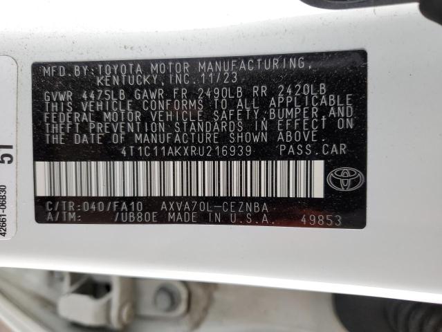 4T1C11AKXRU216939 - 2024 TOYOTA CAMRY LE თეთრი ფოტო 12