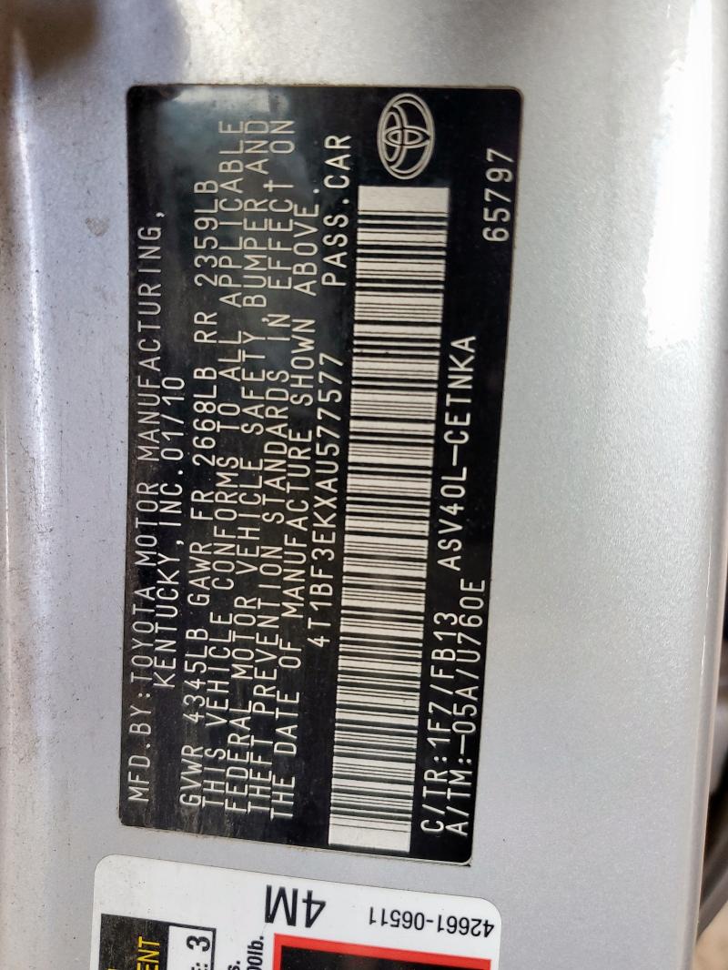 4T1BF3EKXAU577577 - 2010 TOYOTA CAMRY BASE SILVER photo 12