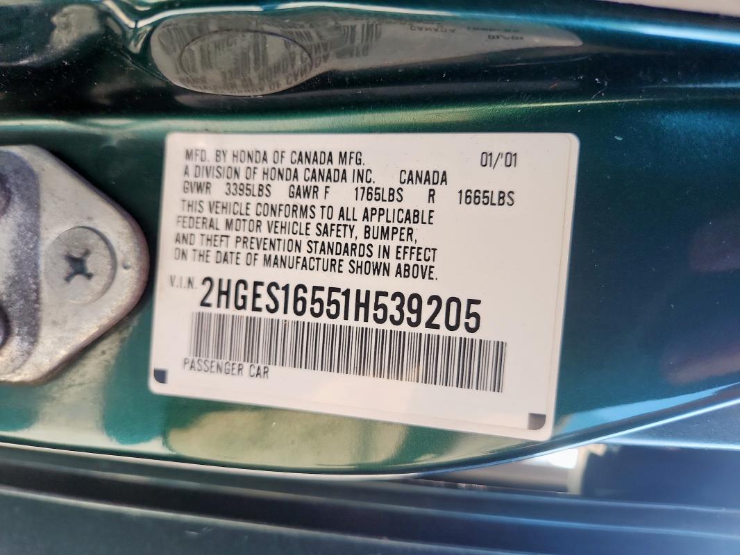 2HGES16551H539205 - 2001 HONDA CIVIC LX GREEN photo 12