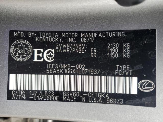 58ABK1GGXHU071937 - 2017 LEXUS ES 350 GRAY photo 12