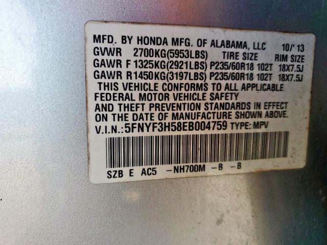 5FNYF3H58EB004759 - 2014 HONDA PILOT EXL SILVER photo 13