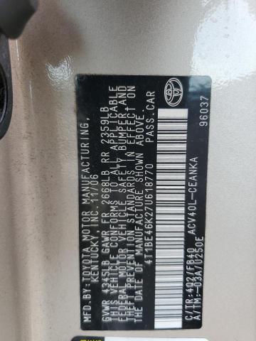 4T1BE46K27U618770 - 2007 TOYOTA CAMRY CE 棕色 照片 12