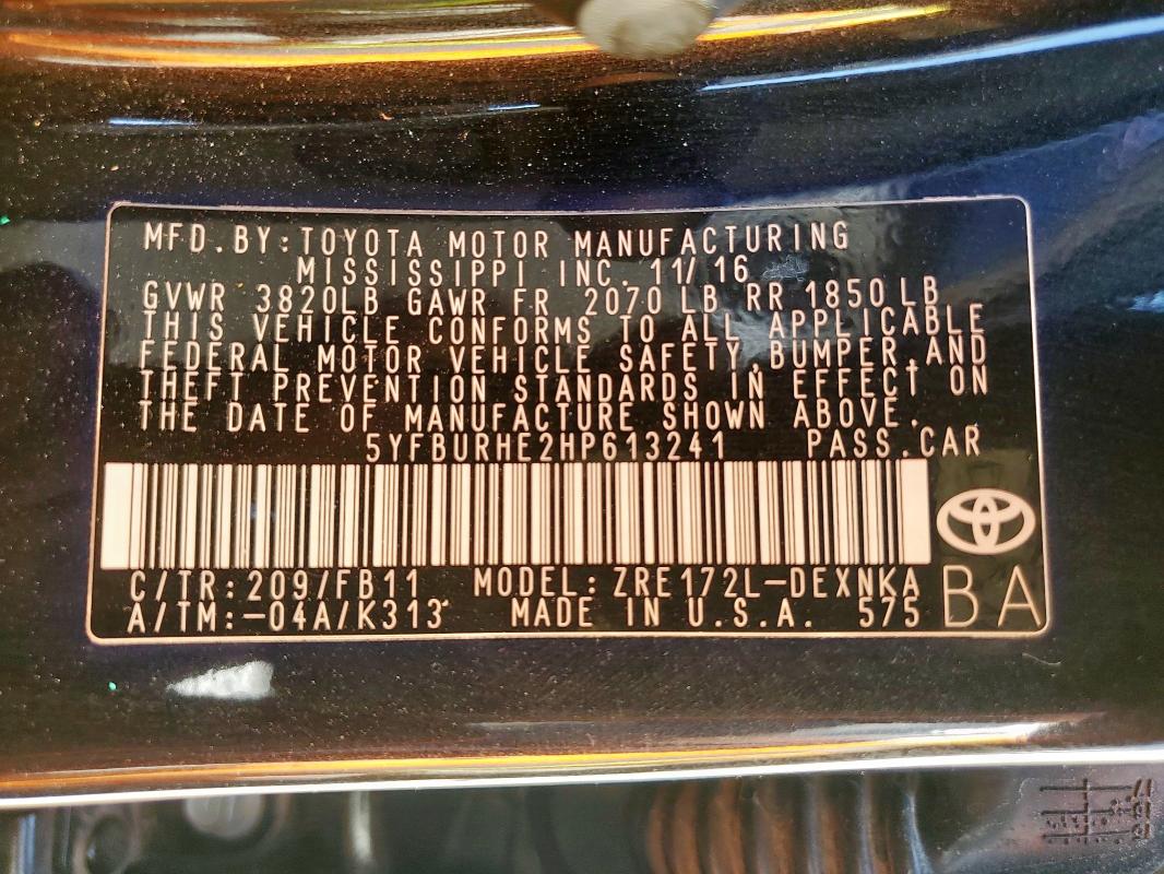 5YFBURHE2HP613241 - 2017 TOYOTA COROLLA L 黑色 照片 13