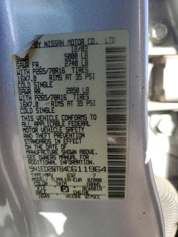 5N1ED28T84C611964 - 2004 NISSAN XTERRA XE GRAY photo 13