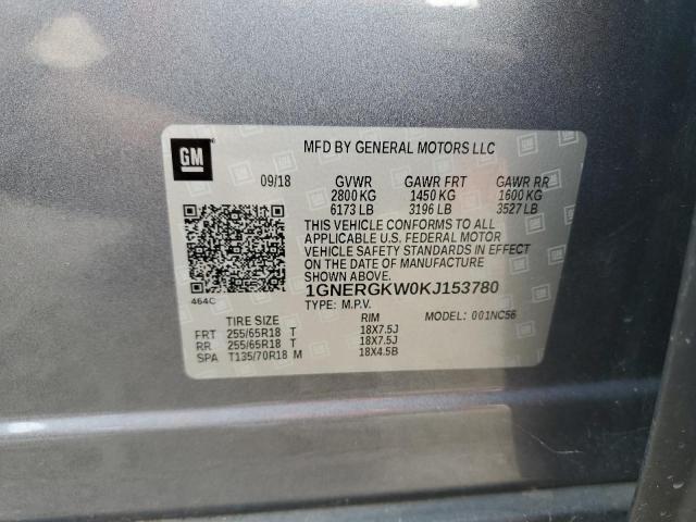 1GNERGKW0KJ153780 - 2019 CHEVROLET TRAVERSE LT Gri fotoğraf 13