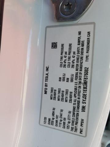 5YJ3E1EB3MF876082 - 2021 TESLA MODEL 3 Білий фото 13