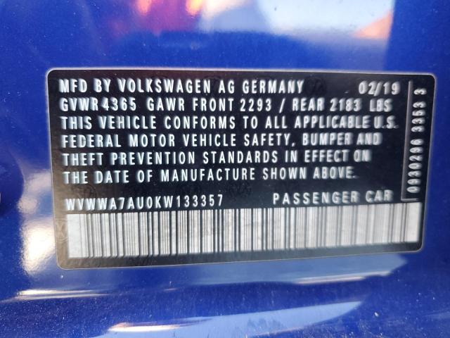 WVWWA7AU0KW133357 - 2019 VOLKSWAGEN GOLF R BLUE photo 12