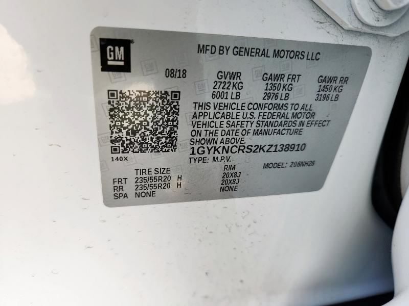 1GYKNCRS2KZ138910 - 2019 CADILLAC XT5 LUXURY Blanc photo 14