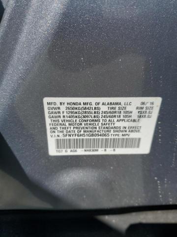 5FNYF6H51GB094065 - 2016 HONDA PILOT EXL SILVER photo 13