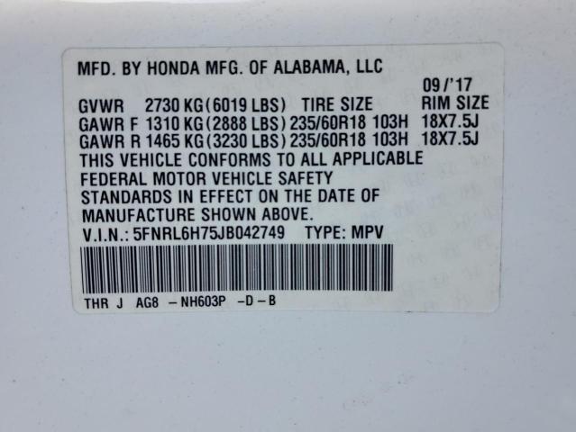 5FNRL6H75JB042749 - 2018 HONDA ODYSSEY EXL Սպիտակ լուսանկար 13