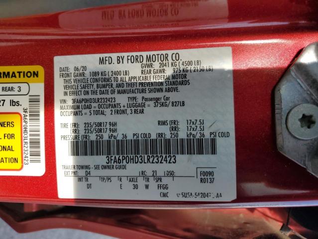 3FA6P0HD3LR232423 - 2020 FORD FUSION SE RED photo 12