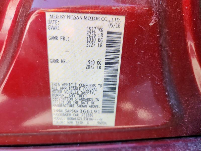 1N4AL3AP3GN366191 - 2016 NISS ALTIMA 2.5 RED photo 12