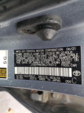 JTDEPMAE8NJ195012 - 2022 TOYOTA COROLLA LE Azul foto 12