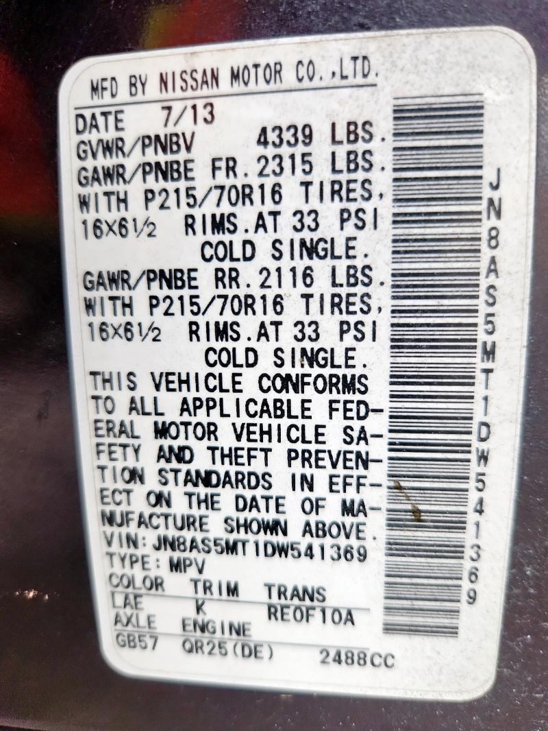 JN8AS5MT1DW541369 - 2013 NISS ROGUE S BLACK photo 14