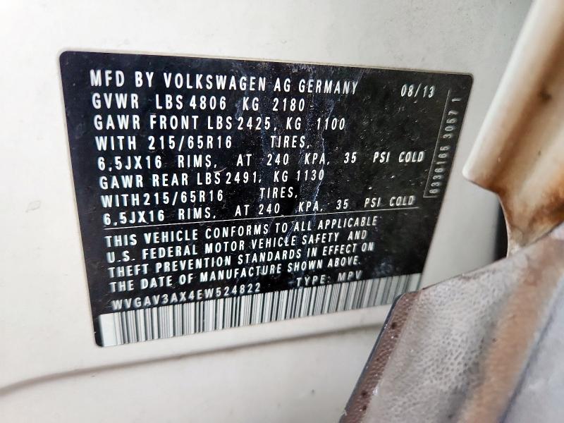 WVGAV3AX4EW524822 - 2014 VOLK TIGUAN S Beyaz fotoğraf 13