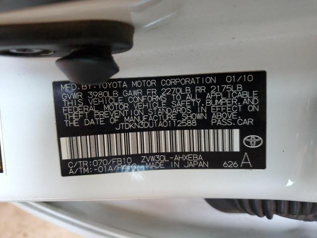 JTDKN3DU1A0112588 - 2010 TOYOTA PRIUS 白色 照片 12