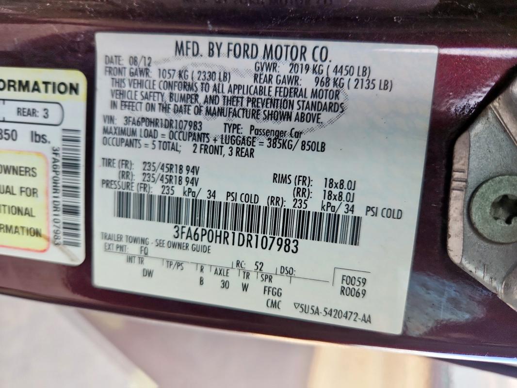 3FA6P0HR1DR107983 - 2013 FORD FUSION SE იასამნისფერი ფოტო 12