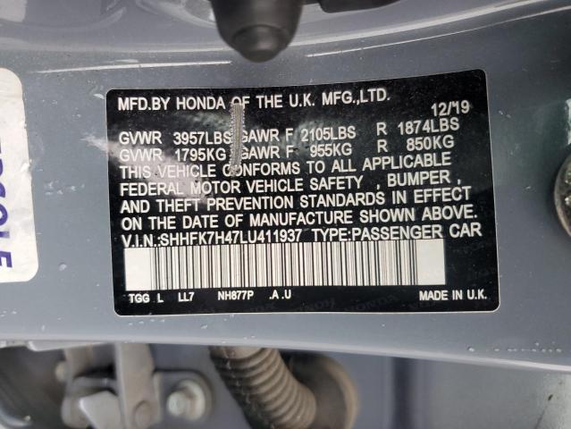 SHHFK7H47LU411937 - 2020 HONDA CIVIC SPORT 蓝色 照片 13