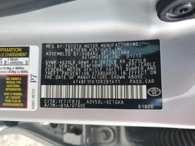 4T4BF1FK1DR281411 - 2013 TOYOTA CAMRY L SILVER photo 12