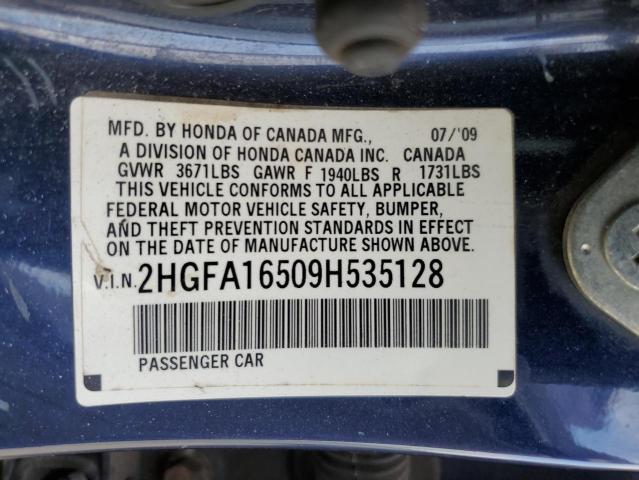 2HGFA16509H535128 - 2009 HONDA CIVIC LX Կապույտ լուսանկար 12