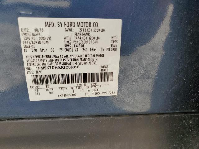 1FM5K7DH9JGC68316 - 2018 FORD EXPLORER XLT BLUE photo 13