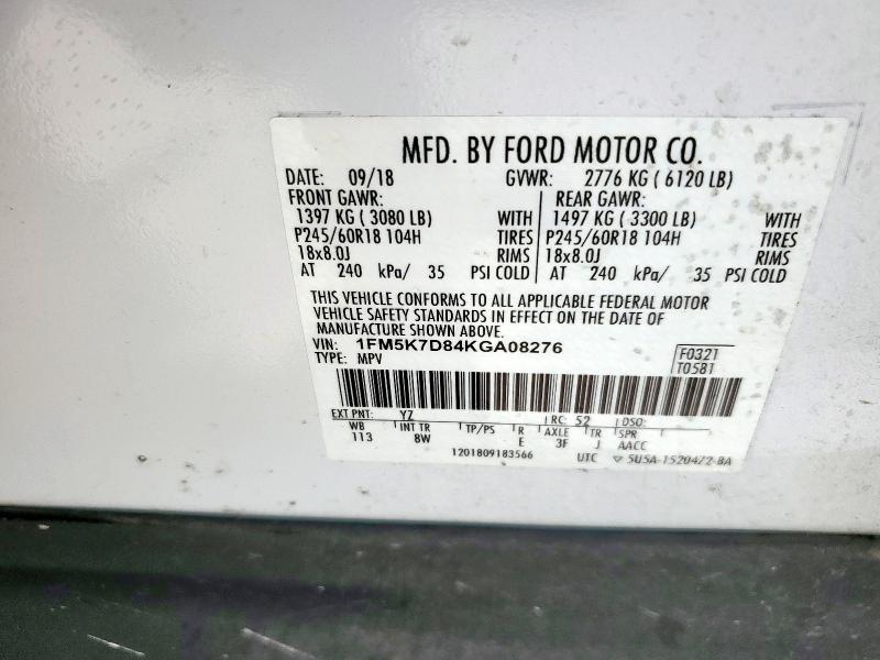 1FM5K7D84KGA08276 - 2019 FORD EXPLORER XLT Biały zdjęcie 13