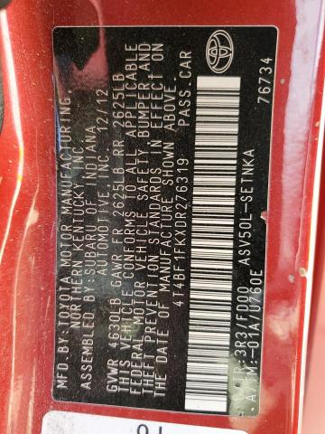 4T4BF1FKXDR276319 - 2013 TOYOTA CAMRY L წითელი ფოტო 12