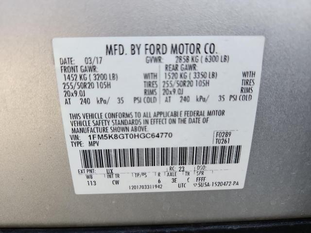 1FM5K8GT0HGC64770 - 2017 FORD EXPLORER SPORT Argent photo 13