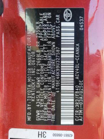4T1BE46K99U327587 - 2009 TOYOTA CAMRY BASE Czerwony zdjęcie 12