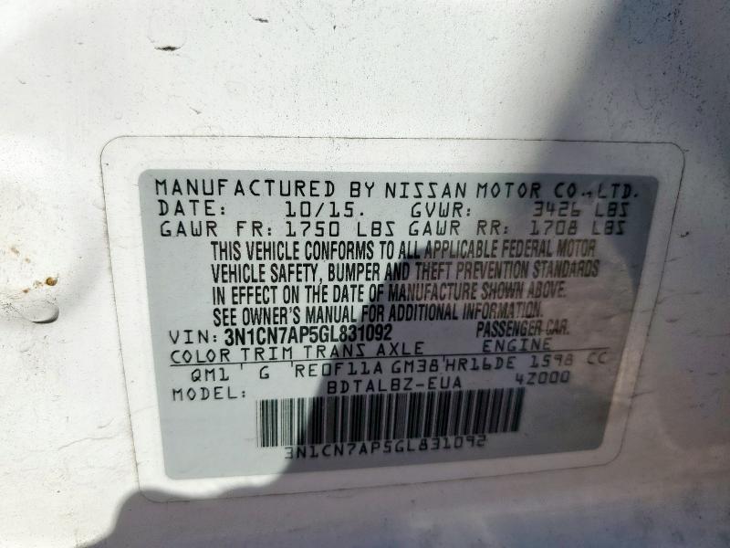 3N1CN7AP5GL831092 - 2016 NISSAN VERSA S თეთრი ფოტო 13