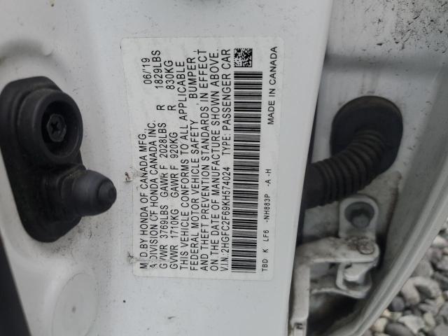 2HGFC2F69KH574024 - 2019 HONDA CIVIC LX 白色 照片 12