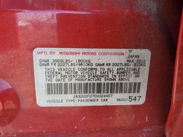 JA32U2FU7CU024407 - 2012 MITSUBISHI LANCER ES/ES SPORT BURGUNDY photo 12