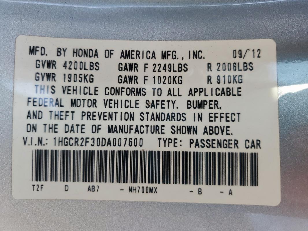 1HGCR2F30DA007600 - 2013 HONDA ACCORD LX SILVER photo 12