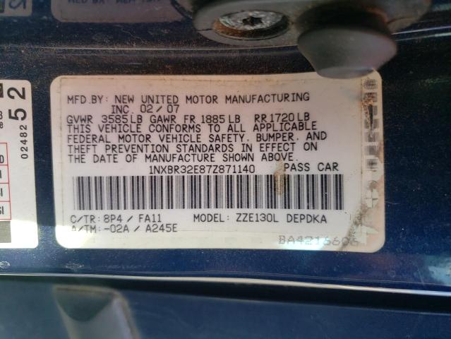 1NXBR32E87Z871140 - 2007 TOYOTA COROLLA CE Azul foto 12