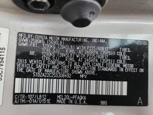 5TDZA22C25S308492 - 2005 TOYOTA SIENNA XLE SILVER photo 13