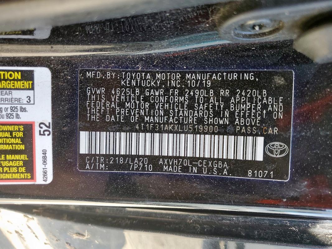 4T1F31AKXLU519900 - 2020 TOYOTA CAMRY XLE Qara foto 13