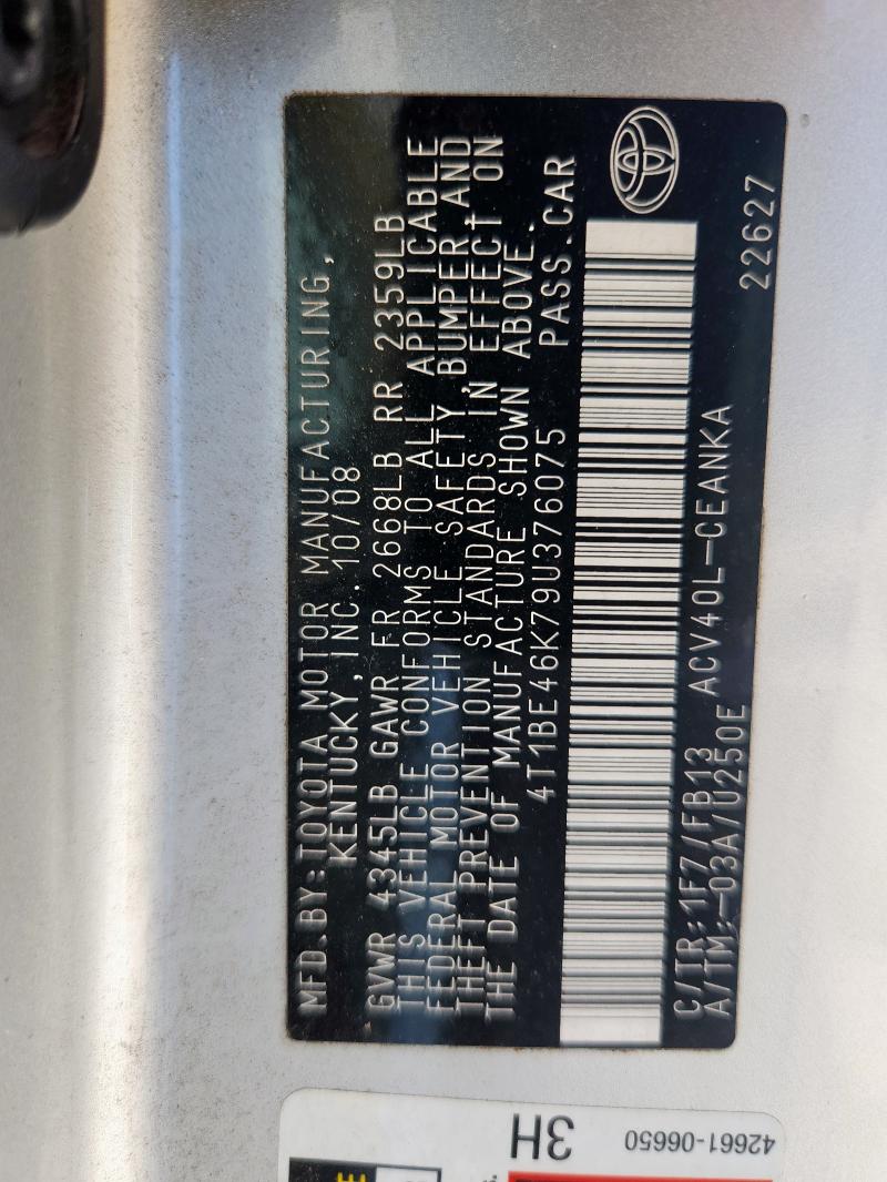 4T1BE46K79U376075 - 2009 TOYOTA CAMRY BASE ვერცხლისფერი ფოტო 12