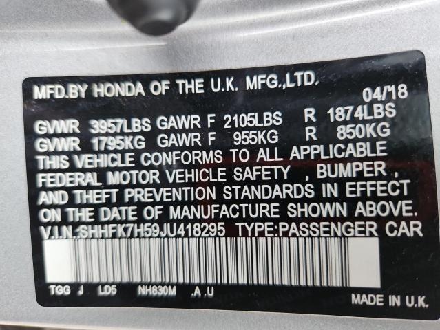 SHHFK7H59JU418295 - 2018 HONDA CIVIC EX SILVER photo 13