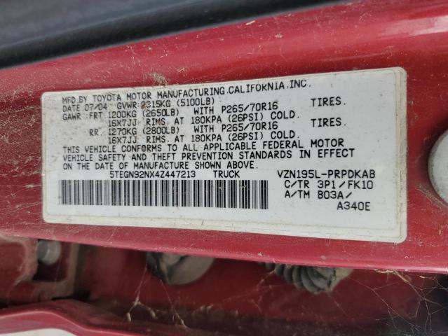 5TEGN92NX4Z447213 - 2004 TOYOTA TACOMA DOUBLE CAB PRERUNNER BURGUNDY photo 12