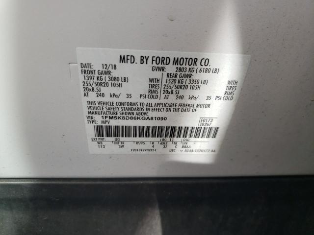 1FM5K8D86KGA81090 - 2019 FORD EXPLORER XLT WHITE photo 13